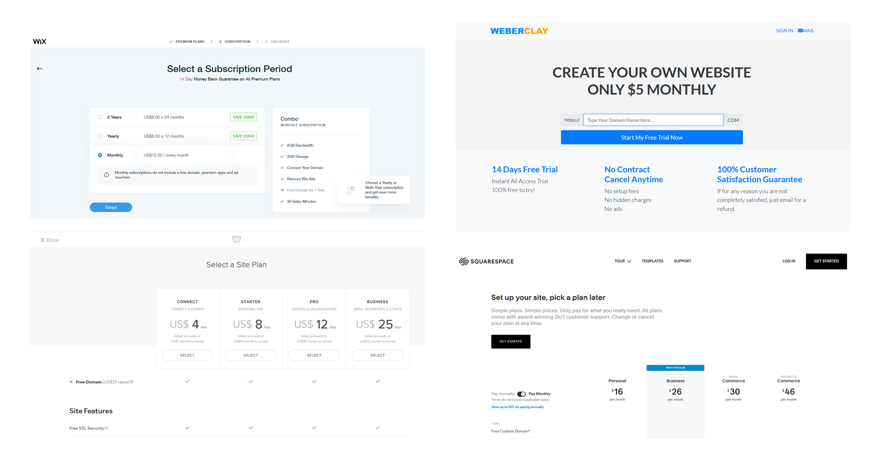 Wix vs Weberclay vs Weebly vs SquareSpace