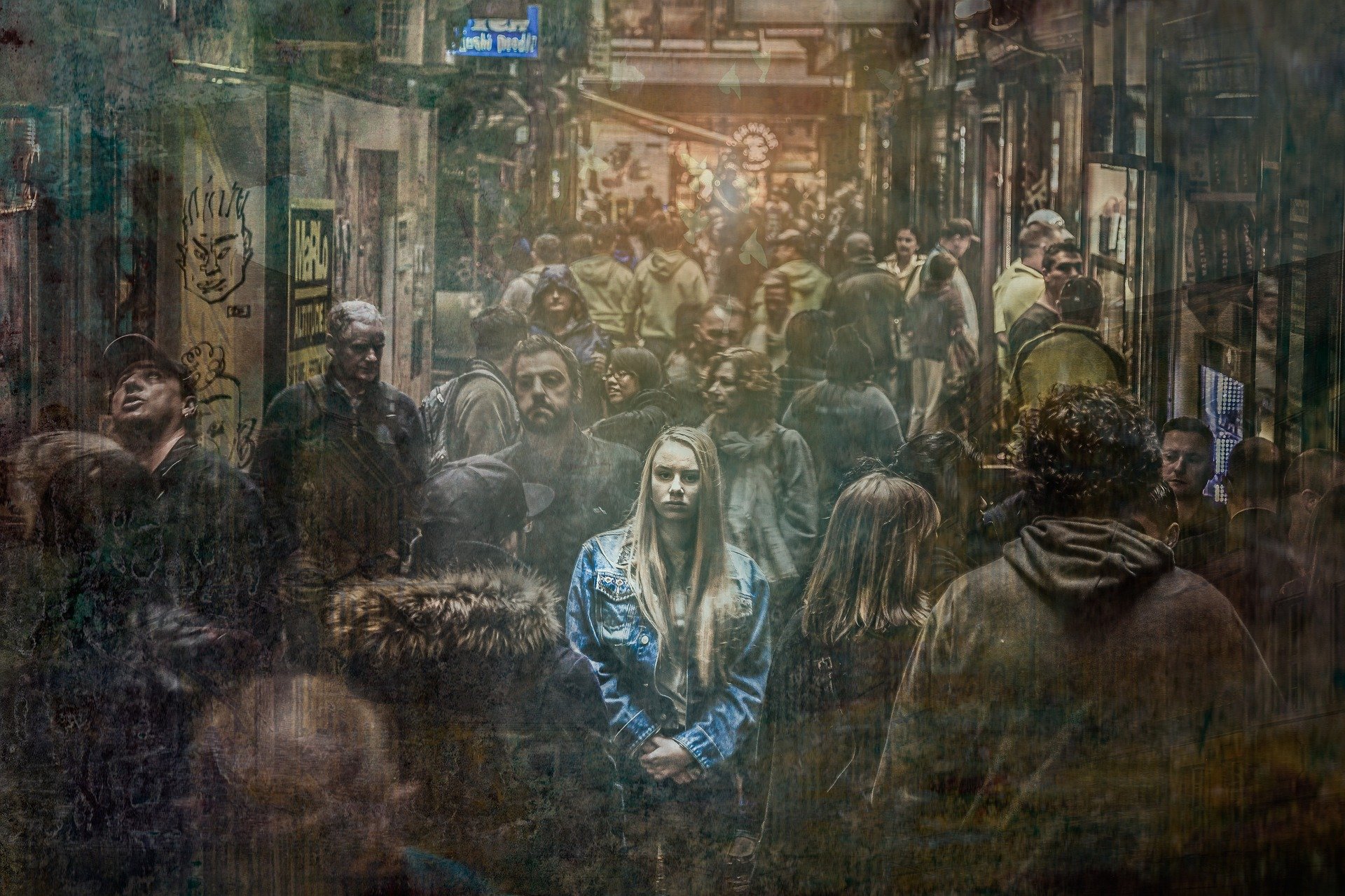 woman feeling alone in a big crowd
